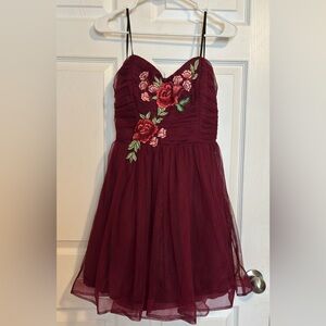B Darlin Burgundy Dress with Floral Embroidery